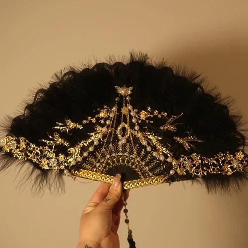 

Feather Fan Lolita Dance Cheongsam Catwalk Show Folding Fan Retro Nostalgic Hanfu Fairy Lace Fan чорний