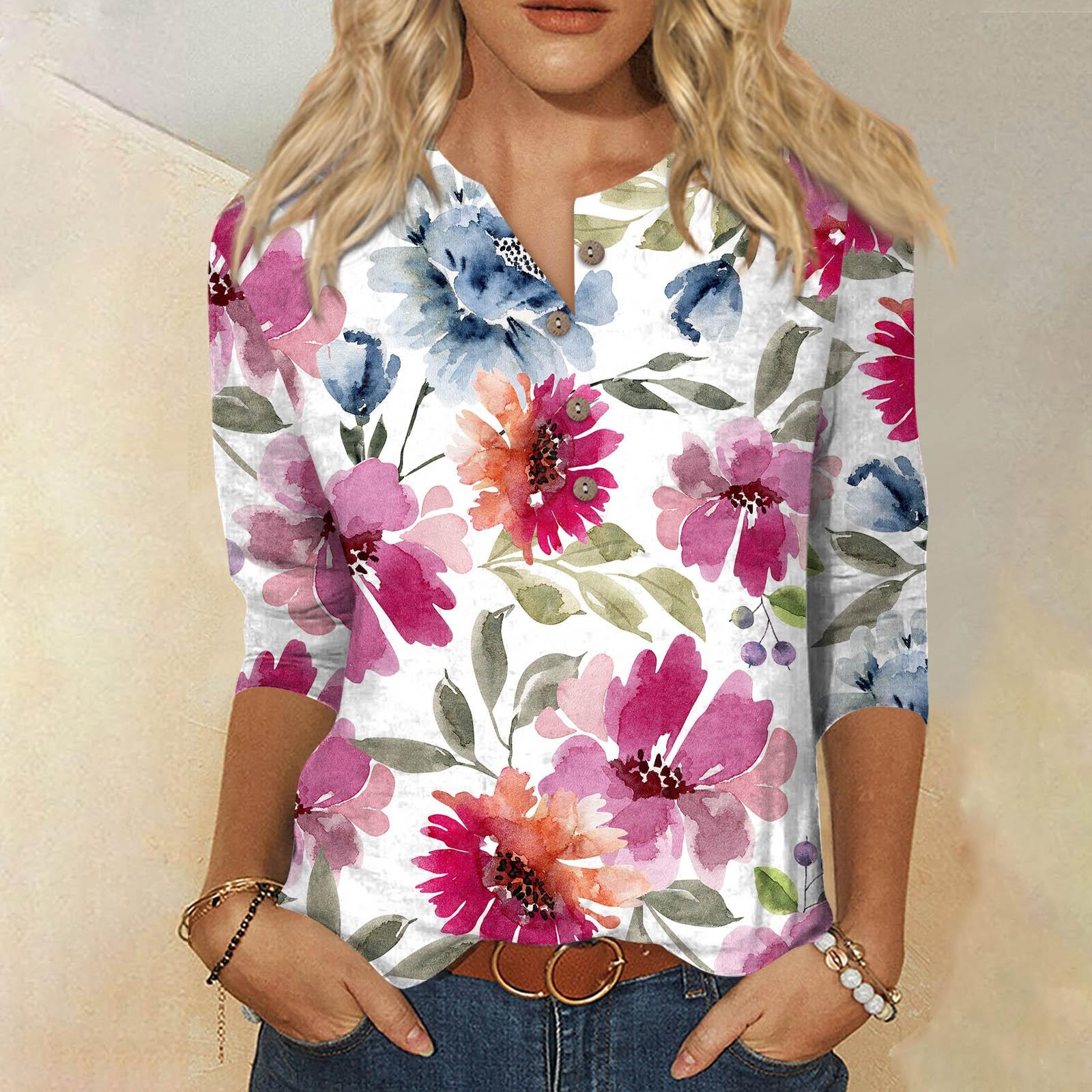 Женская футболка с цветочным принтом и рукавом три четверти — фото 10