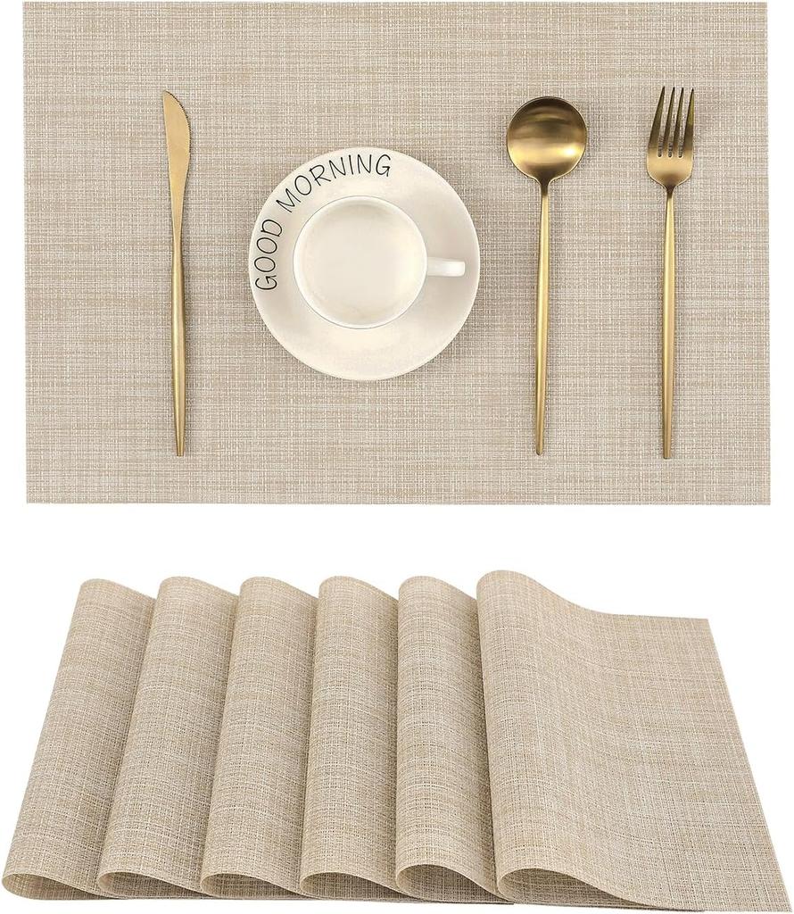 4PCS 30x45cm Washable Placemats Beige Heat Resistant Non-Slip Place Mats for Dining Table Placemats Woven Vinyl Durable