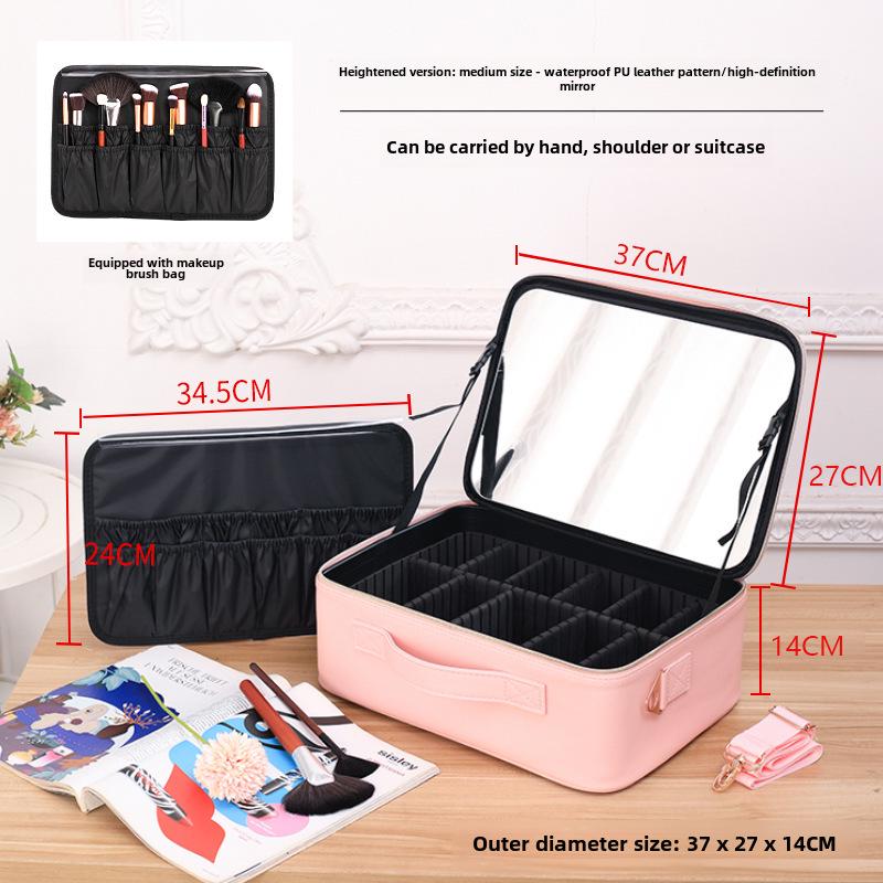 Black Heightened Cosmetic Bag with Mirror - Large Capacity Portable Handheld Storage Box
