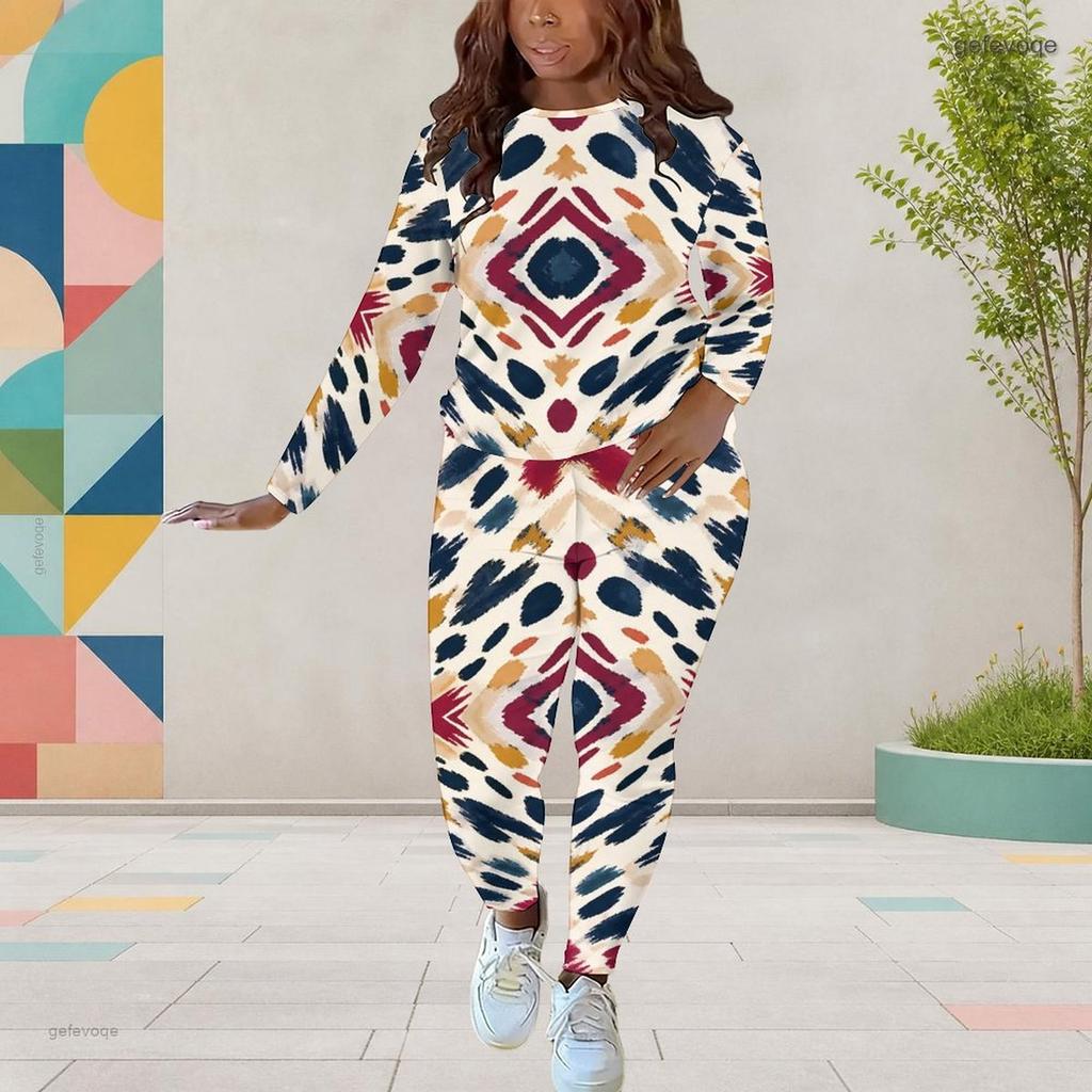 Women Plus Size Two Piece Set Round Neck Long Sleeve Printed Top And Fitted Pants