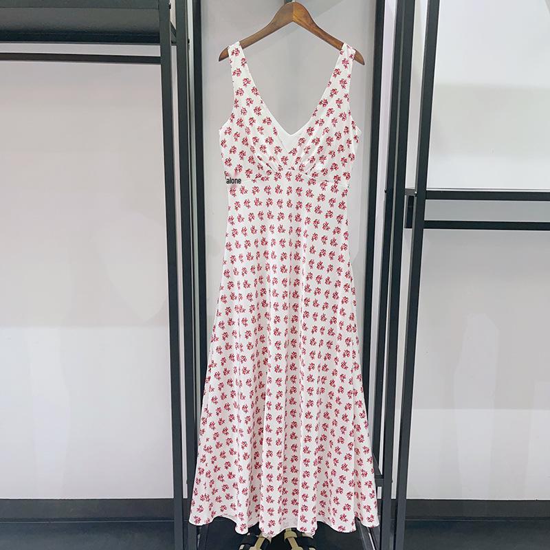 Spring/Summer 2026 High Waist Floral V-Neck Long Dress with Lantern Sleeves, Sleeveless, French Niche. Large