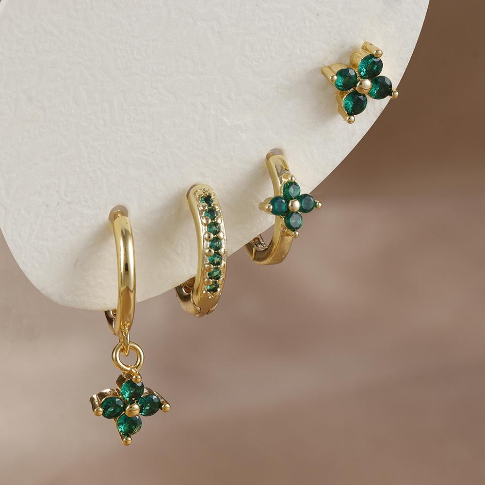 4pcs Fashion Cubic Zirconia Flower Hoop Earrings Set 18K Gold Plated Stainless Steel Stud Earring Piercing Jewelry Aretes Mujer