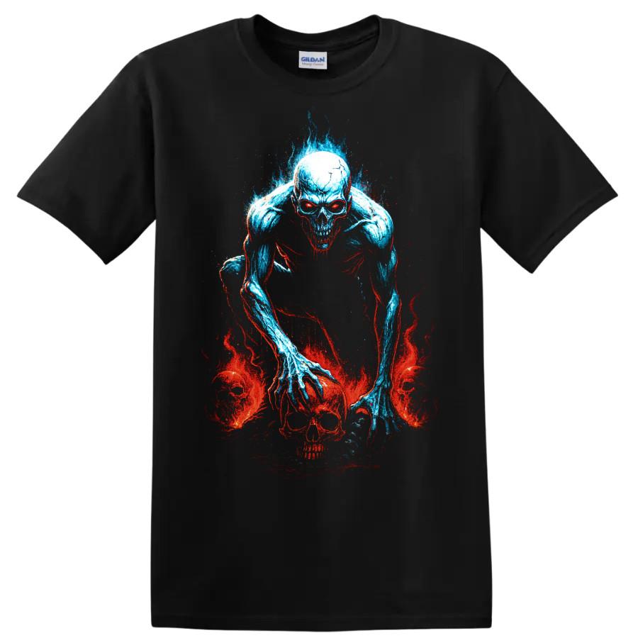 Skull Horror T Shirt w/ Blue Red Flame Undead Skeleton Gothic Graphic Art Tee