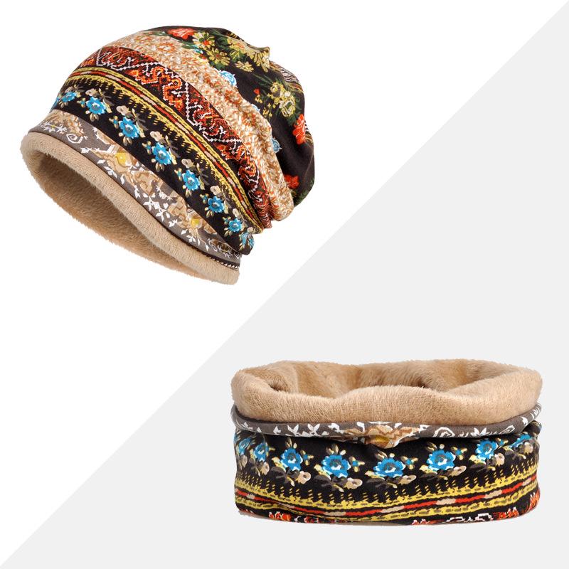 Women's Floral Print Cotton Pullover Hat and Scarf Set for Sun Protection