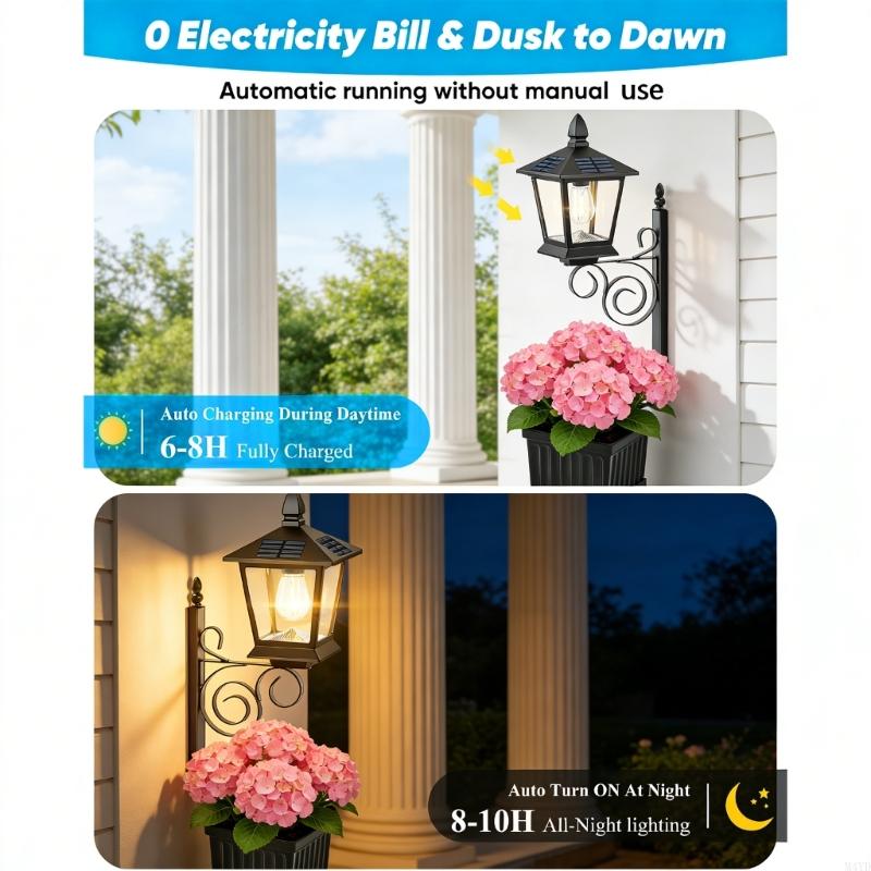 Solar Powered Flower Pot Light Decorative Outdoor Lamp For Garden Pathway And Patio With Auto On Off M4YD