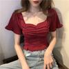 Summer New Fashion Simple Square Neck Design Feeling Short Sleeve Knitted T-shirt Women Solid Ruffles Backless Loose Short Tops