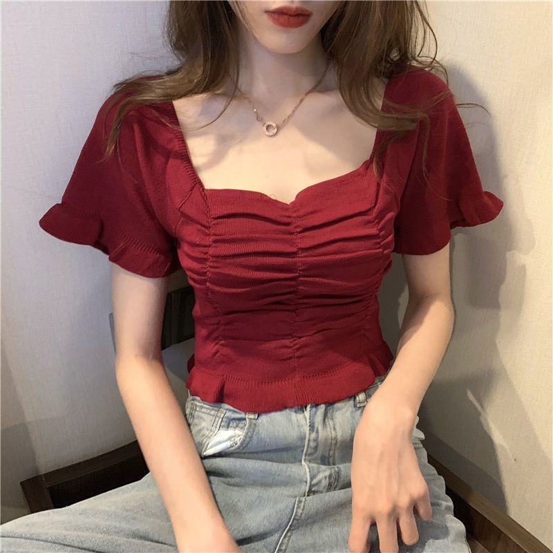 Summer New Fashion Simple Square Neck Design Feeling Short Sleeve Knitted T-shirt Women Solid Ruffles Backless Loose Short Tops