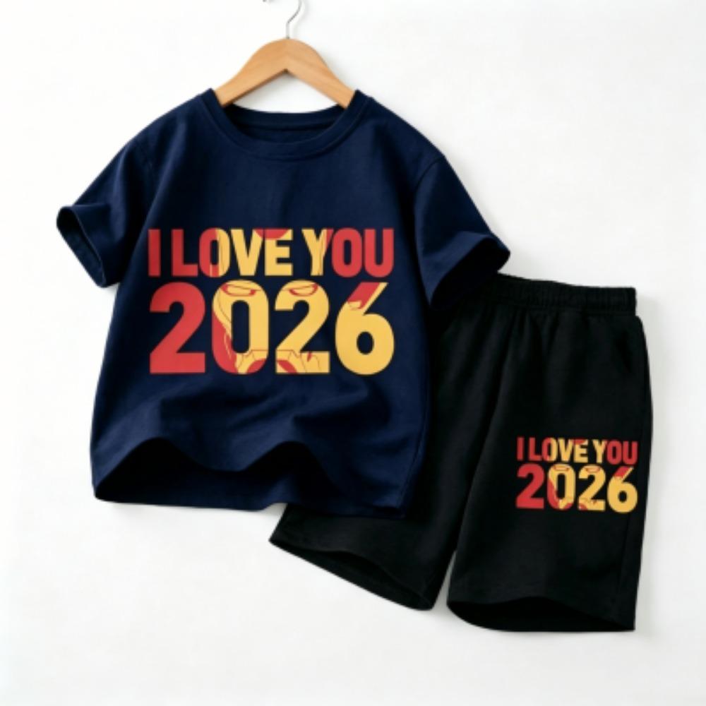 Fashion Letters I Love You 2026 Print Outdoor Street Kids T-shirt and Shorts Summer Home Casual Outfit Boy and Girl's Sports Set