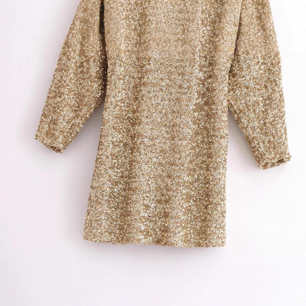 2024 Winter Women's Sequin Embellished Round Neck Long Sleeve Dress - European & American Style