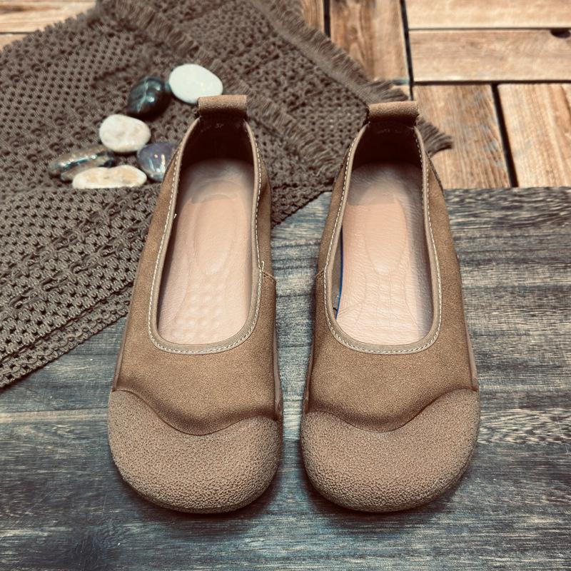 Spring Genuine Leather Women's Single Shoes with Round Toe, Shallow Mouth Flat Bottom Soft Sole and Soft Surface