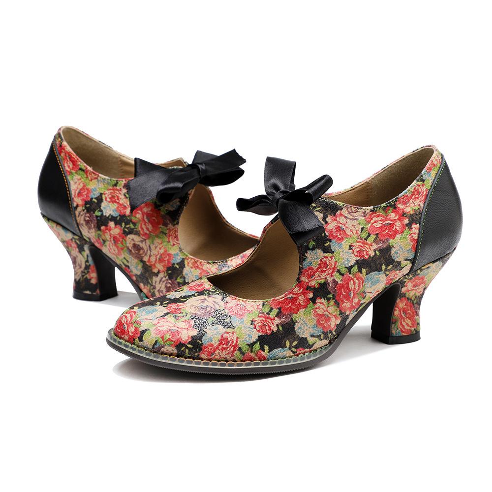 Johnature Dames Schoenen Zoete Print Pumps Vintage Landelijke Bloemige Kant Strik Dames Middelhoge Hak Schoenen