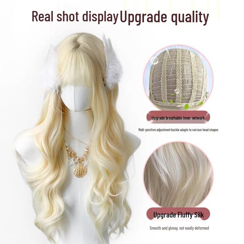 Milky White Gold Long Curly Wig with Bangs – Big Waves, Sweet Lolita Style for Daily Wear