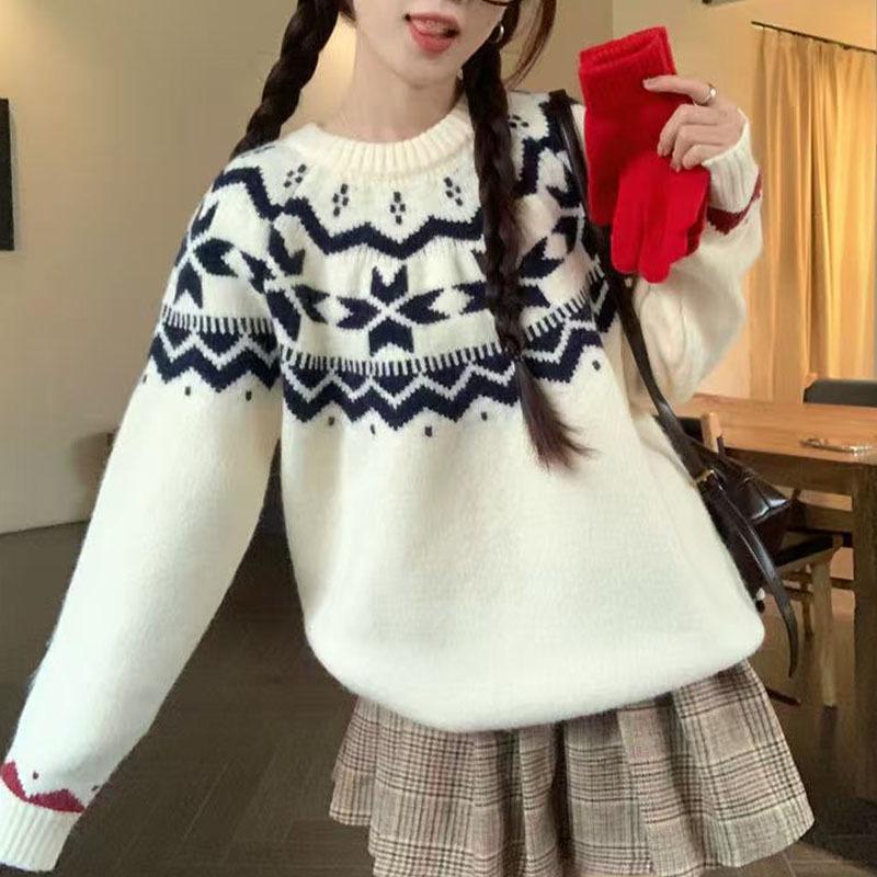 2026 Women's Fair Isle Wool Sweater Pullover, Round Neck, Age-Reducing Academic Style, Thick Base Layer, Pairs with JK.