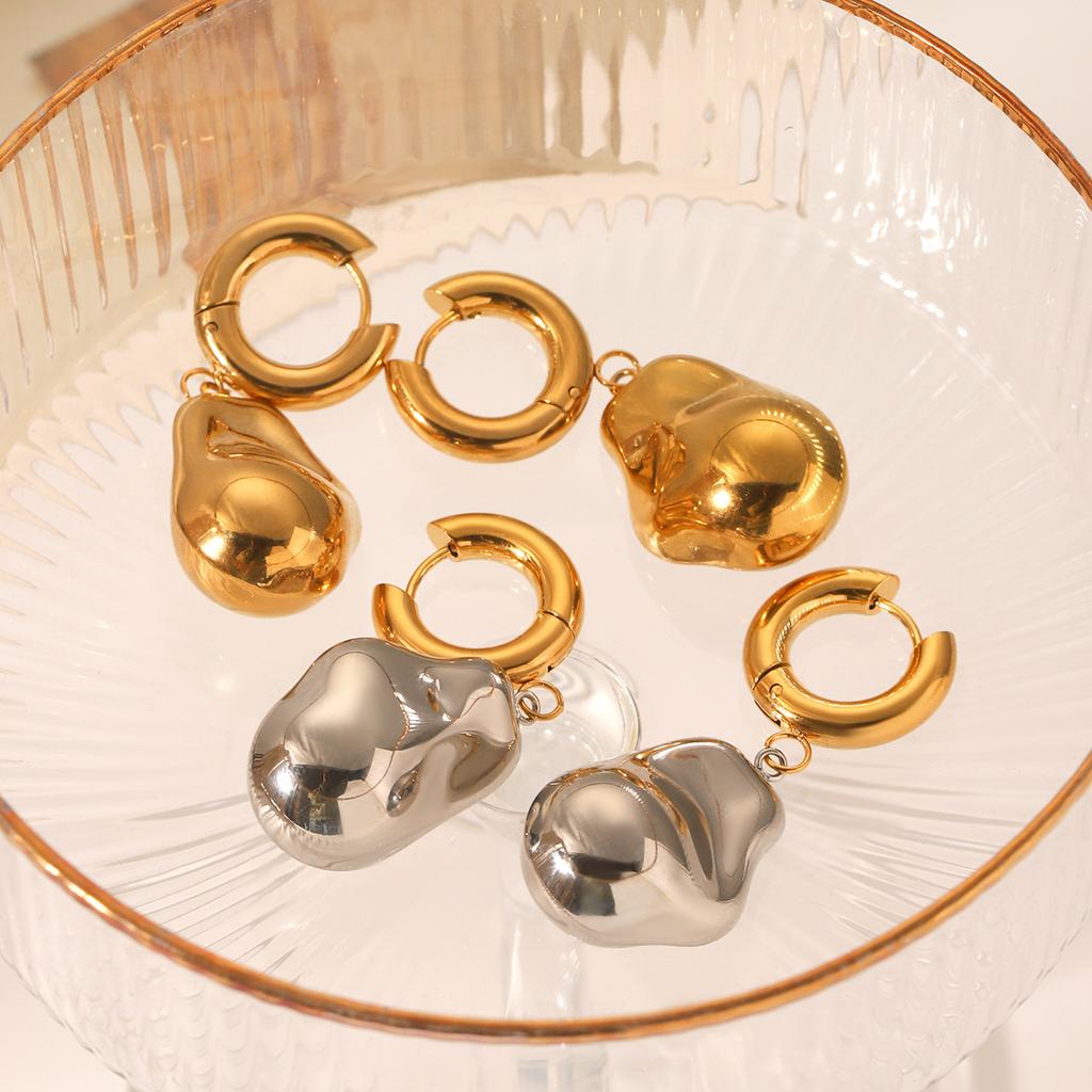 18K Gold Stainless Steel Plain Hoop Earrings, Ins Style Niche Design, Premium Steel Bead Baroque Pendant Earrings