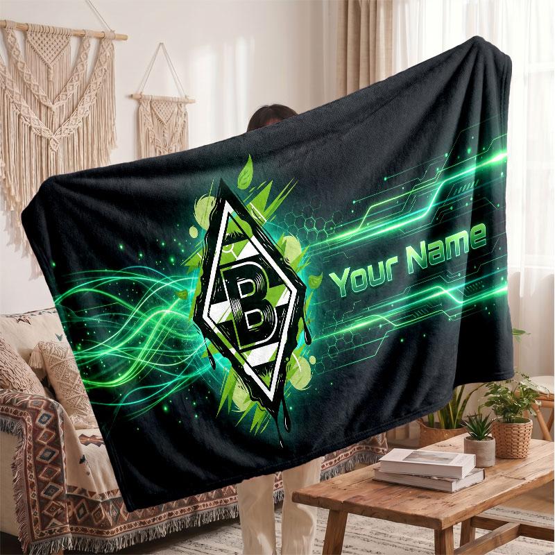 Borussia Mönchengladbach Personalized Fleece Blanket With Football Logo, Custom Name Text Soft Warm Home Throw Blanket
