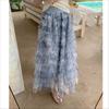 Dimanaf 2025 Summer Women New Skirts Vintage Mesh Elastic Pleated Elegant Blue Long Skirts Lace High Waist
