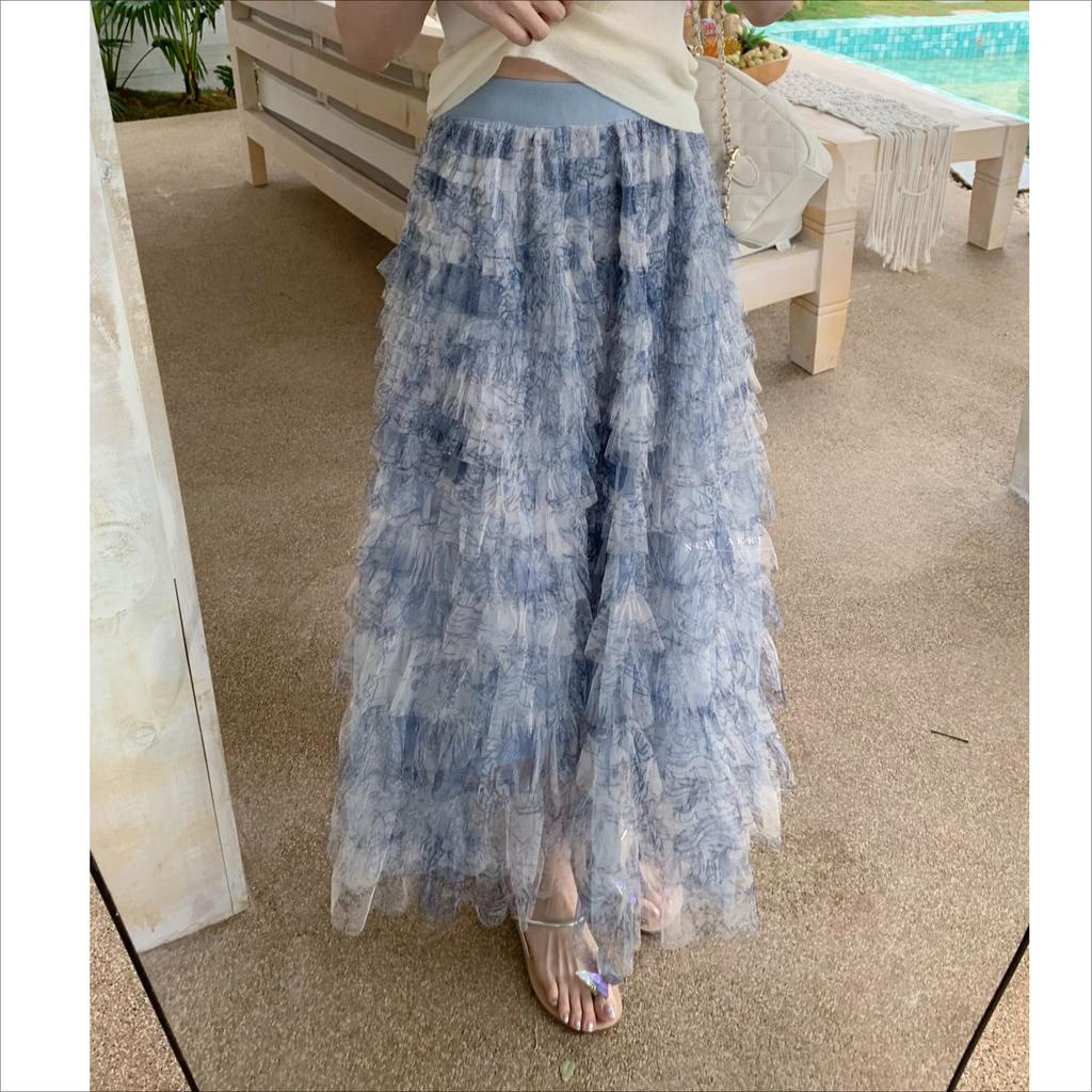 Dimanaf 2025 Summer Women New Skirts Vintage Mesh Elastic Pleated Elegant Blue Long Skirts Lace High Waist