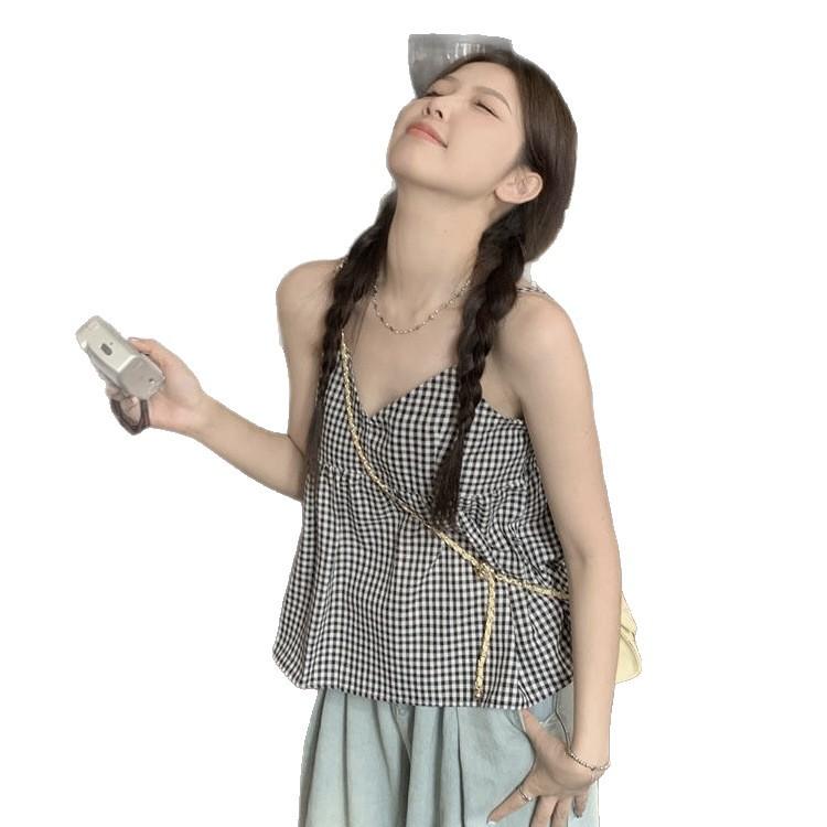 French chic small vest suspender women's summer new small wear design sense retro plaid versatile top