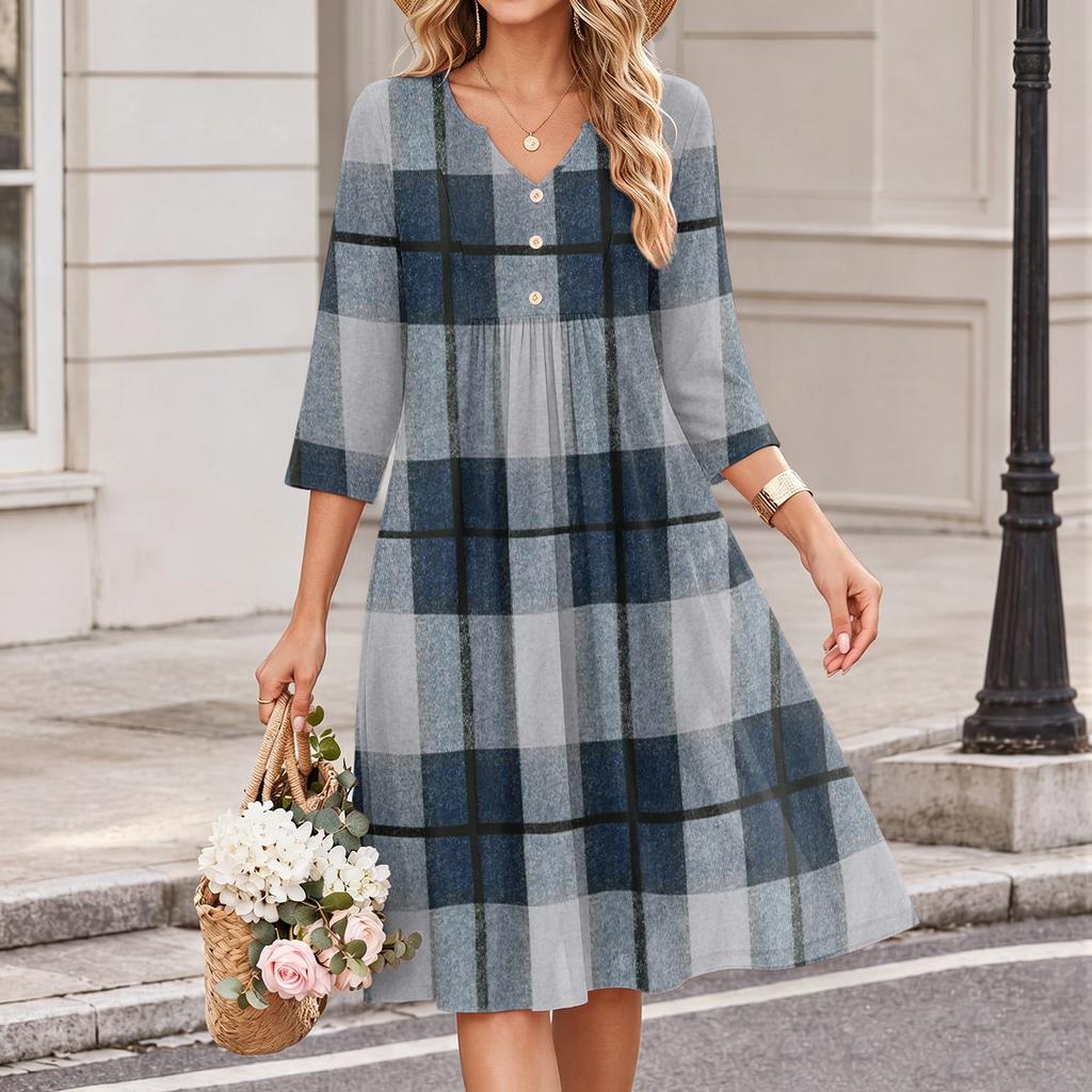 Lässiges Damen-Karo-Kleid mit V-Ausschnitt und Dreiviertelärm