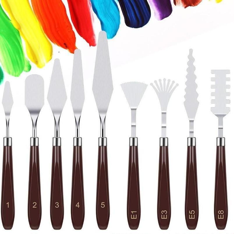 Stainless Steel Pigment Palette Knife Set for Oil Painting - Flat & Pointed Heads, Wooden Handles