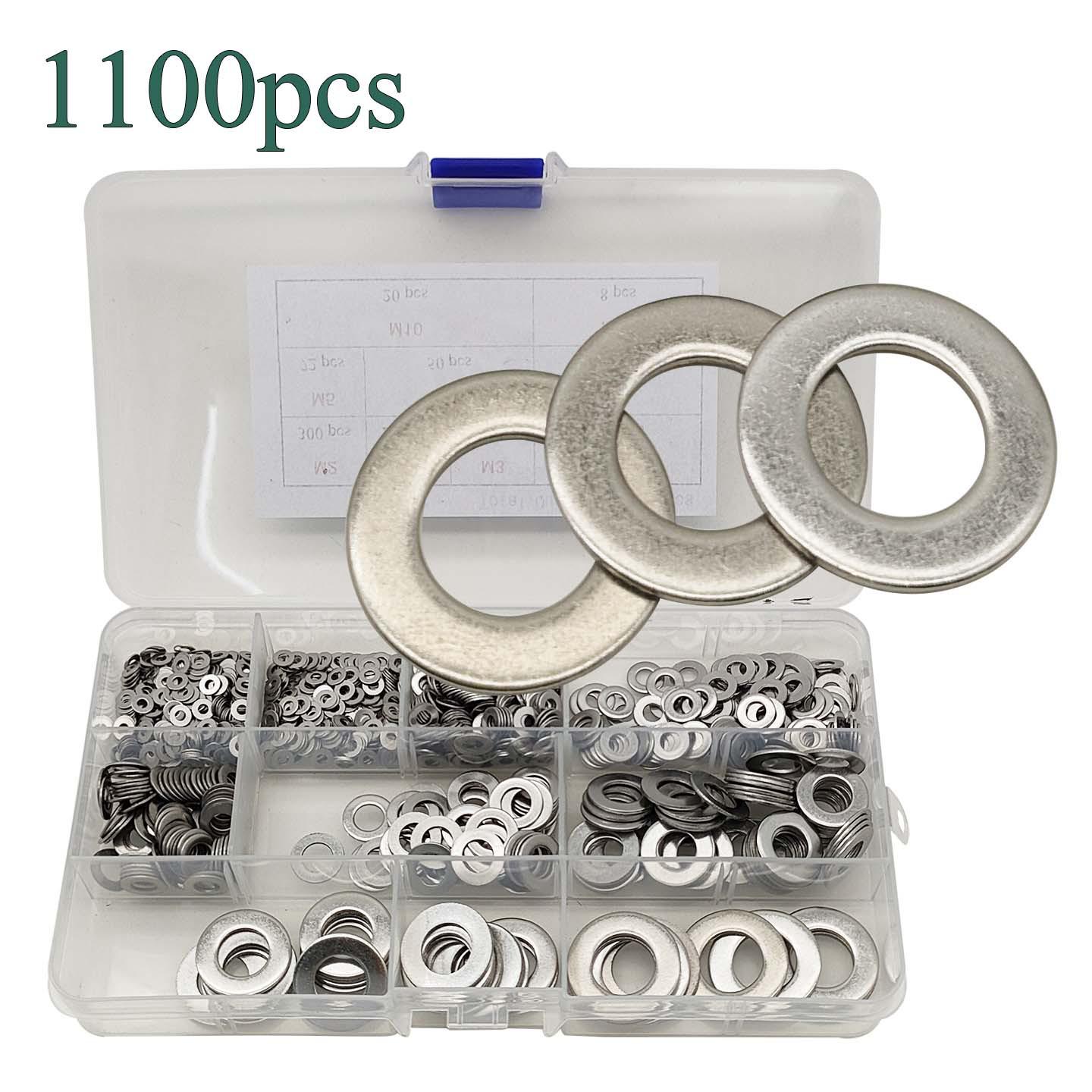 1100-Piece Set: 304 Stainless Steel Flat Washers, M2–M12, 9 Sizes