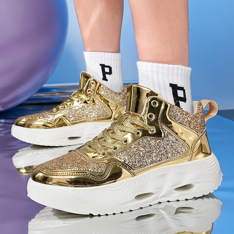 Street Gold High Top Sneakers For Men Fashion Luxury Paillette Designer Men's Shoes Glitter Platform Casual Women's Sports Shoes