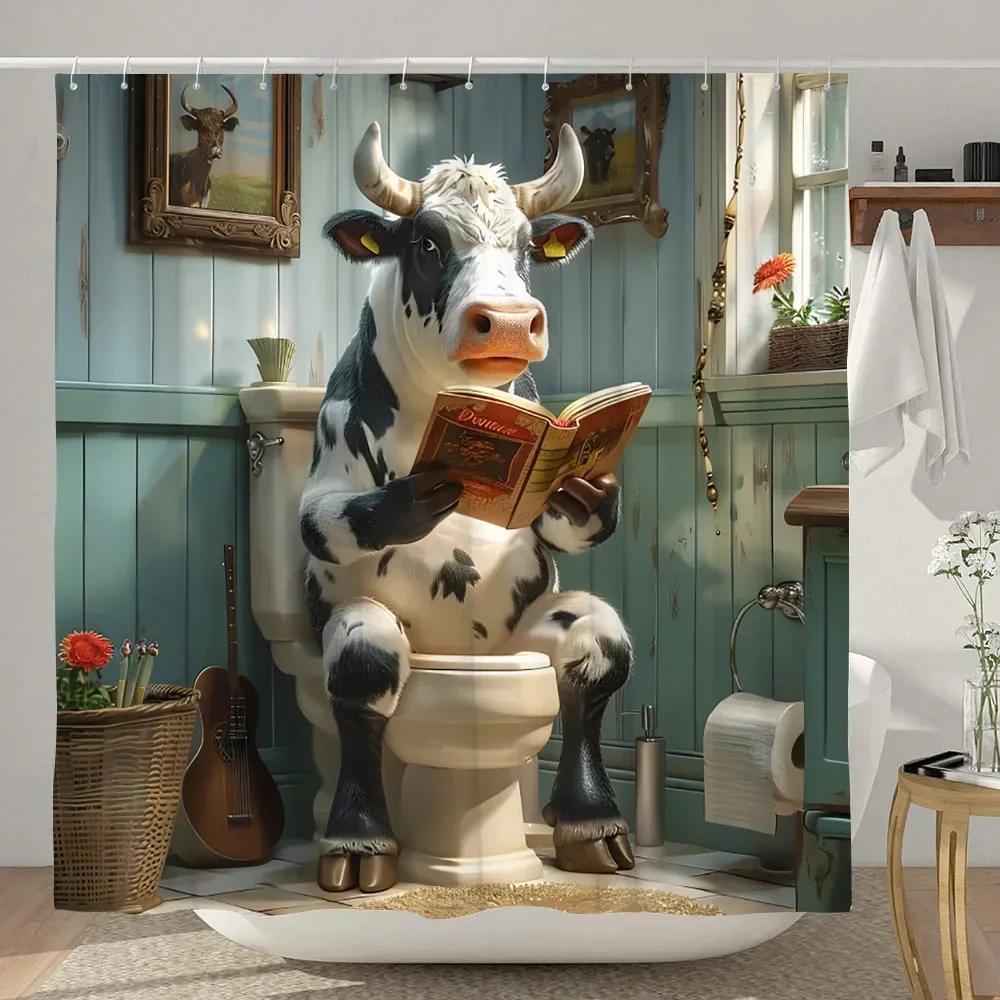 Lustiger Highland-Kuh Duschvorhang Rustikaler Landhausstil Kuh Cartoon Tier Kinder Badevorhang Polyesterstoff Heim Badezimmer Dekor
