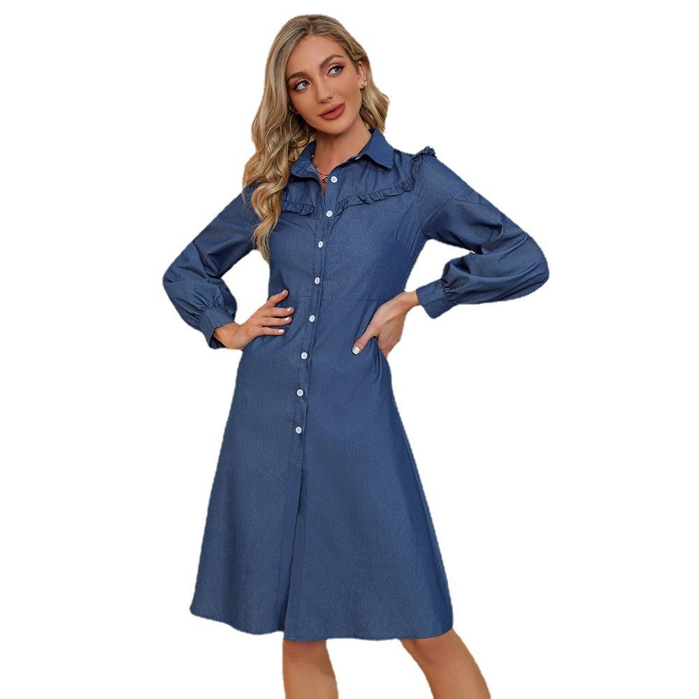 Frühlings- und Herbst Damen Revers Holzohr Seite Einfarbig Denim Langarm Kleid