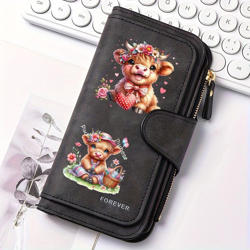 Women's Long Wallet with Scottish Highland Cow Pattern Multi-functional Portable Snap Button Coin Purse Fun Design Perfect for Birthday and Daily Use