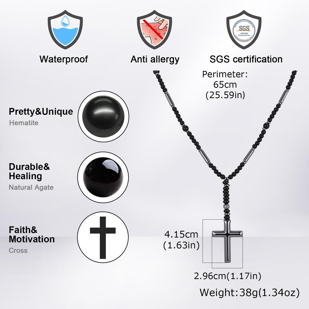 Xiaomi Vnox Hematite Cross Pendant Necklace for Men Black Onyx Beaded Chain Long Male Prayer Jewelry Punk Street Style Gift