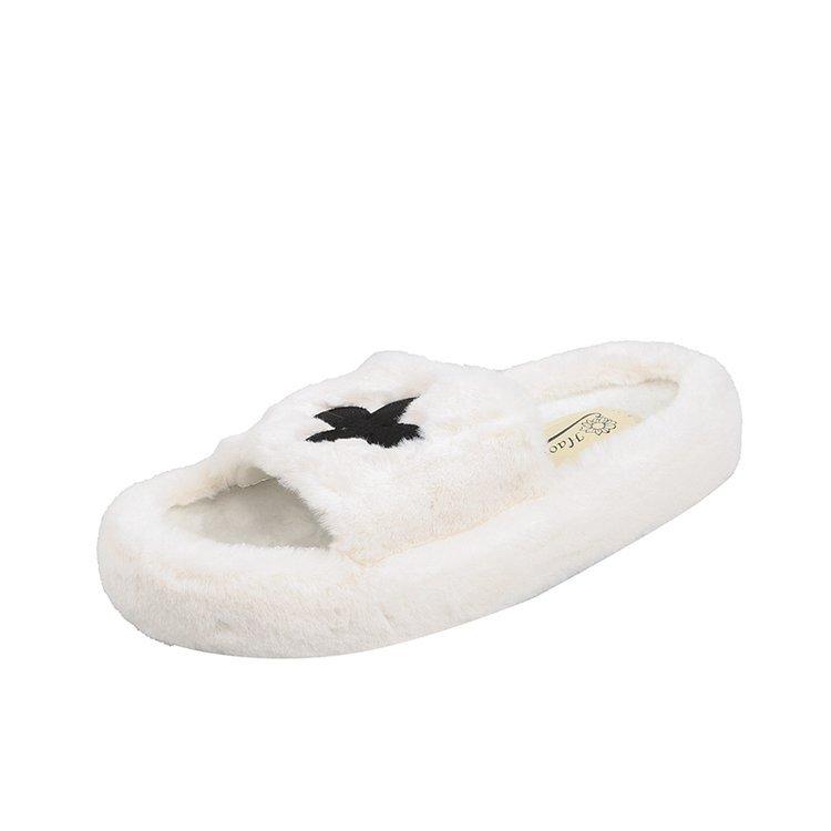 Embroidered Internet Celebrity Fluffy Slippers Women Wear 2024 Autumn and Winter New Thick Bottom Fashion Comfortable Letter Cotton Slippers Tide