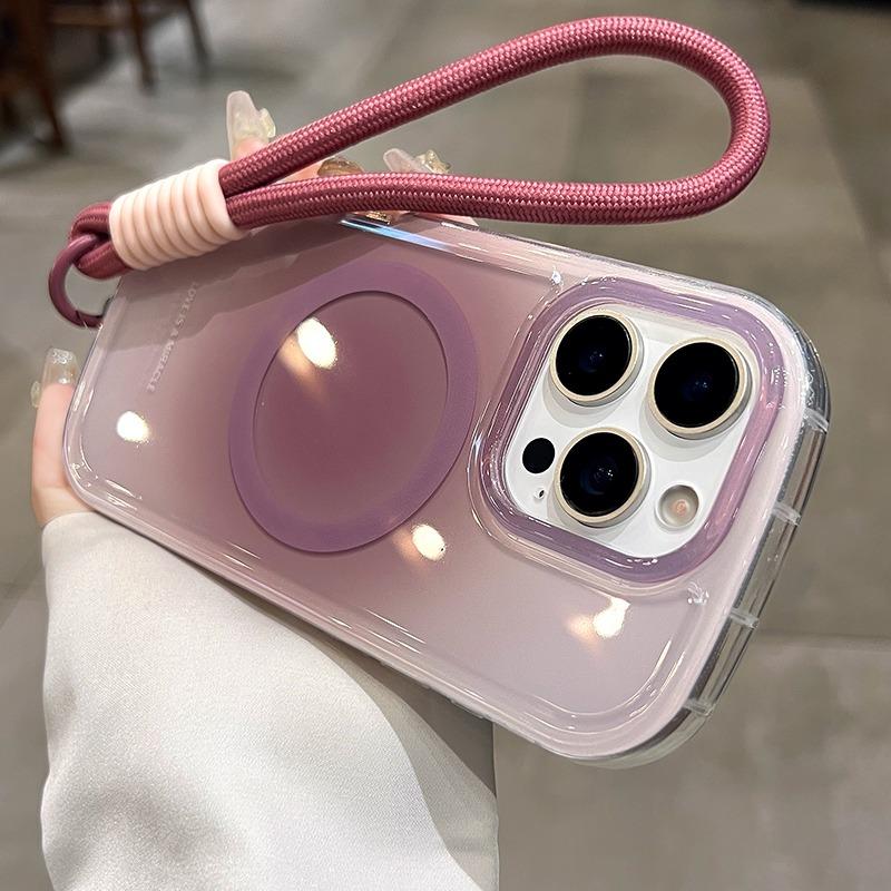 For Magsafe Gradient Hand Wrist Strap Case for iPhone 17 16 15 14 Pro Max 12 13 Magnetic Lanyard Color Contrast Shockproof Cover