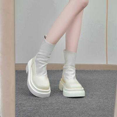 Mode 2024 Nieuwe Dikkere Zool Retro Afslankende Mode Stapellaarzen voor Dames Wit Damesschoenen Rits Moderne Dames Enkellaarsjes