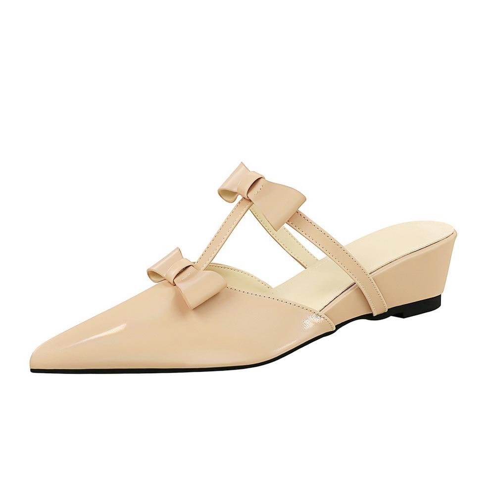 8CM French Wedge Heel Pointed Sandals Versatile Bow Medium High Heels Heightening Slippers Women's Outer Wear