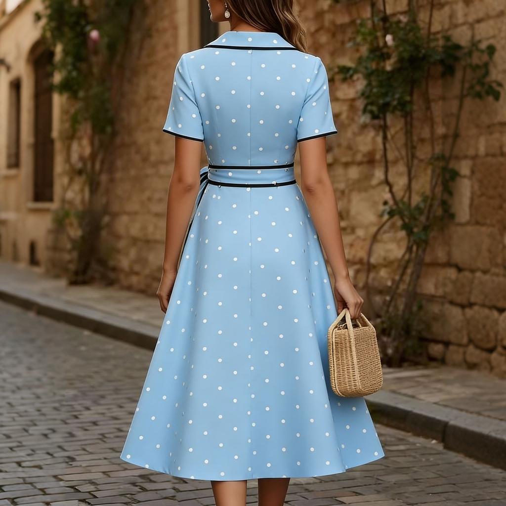 Damen Polka Dot V-Ausschnitt Knopfleiste Kleid mit Taillengürtel Kurze Ärmel Midi Kleid Lässig Eleganter Stil