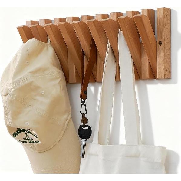 Coat & Hat Hooks Wall Mount with Key Holder, Wall Mounted Coat Rack with 9 Retractable Hangers, Solid Wood Slim Key Holder for Entryway, 17in Natural естественный