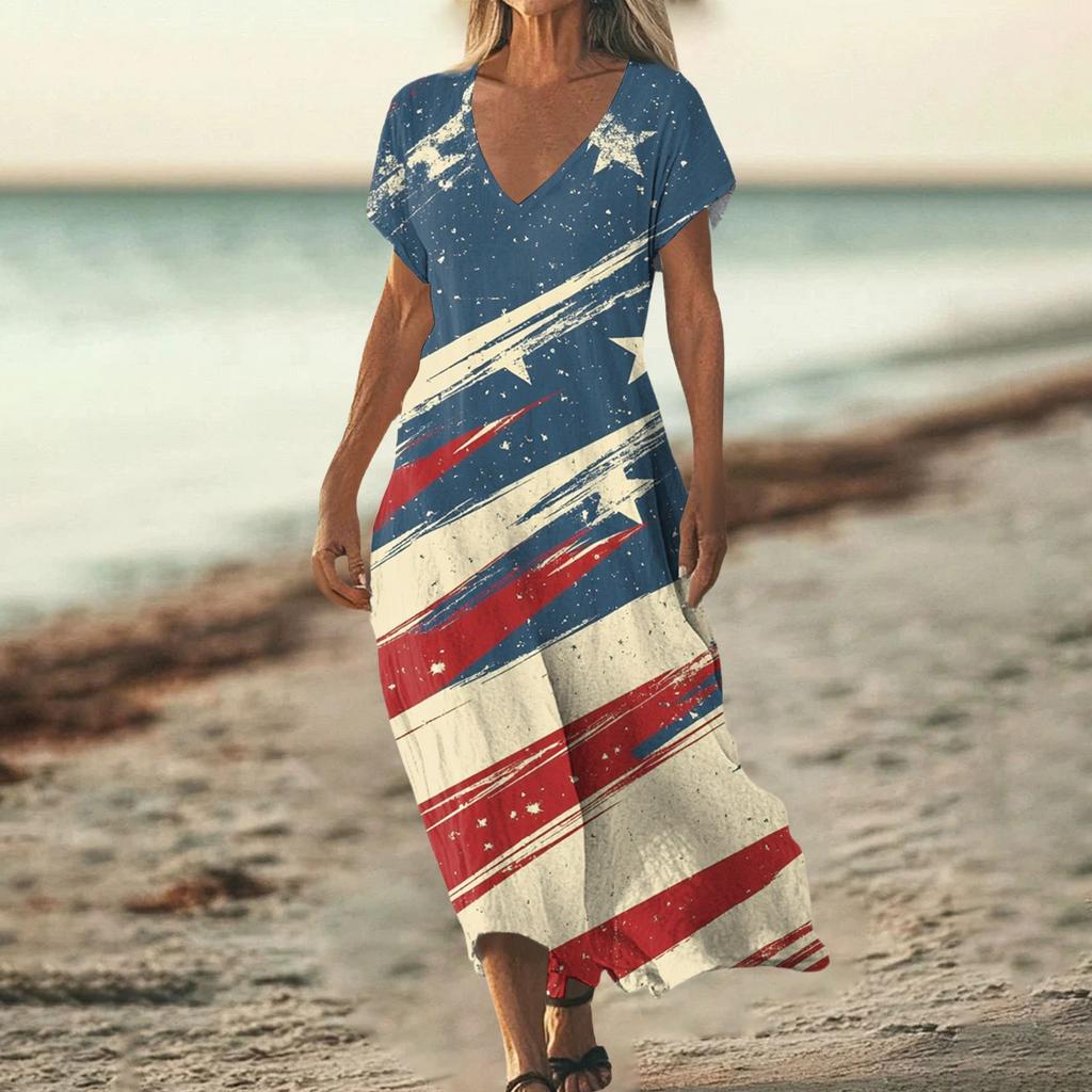 Women’s Short Sleeve V Neck Maxi Dress with Star Print Loose Fit Casual Summer Long Dress for Daily Wear