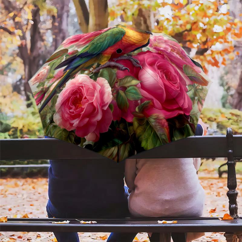 Flower Bird  Pattern, Automatic Folding Umbrella, Portable and Foldable Design, 8 Ribs, a Christmas or Birthday Gift.