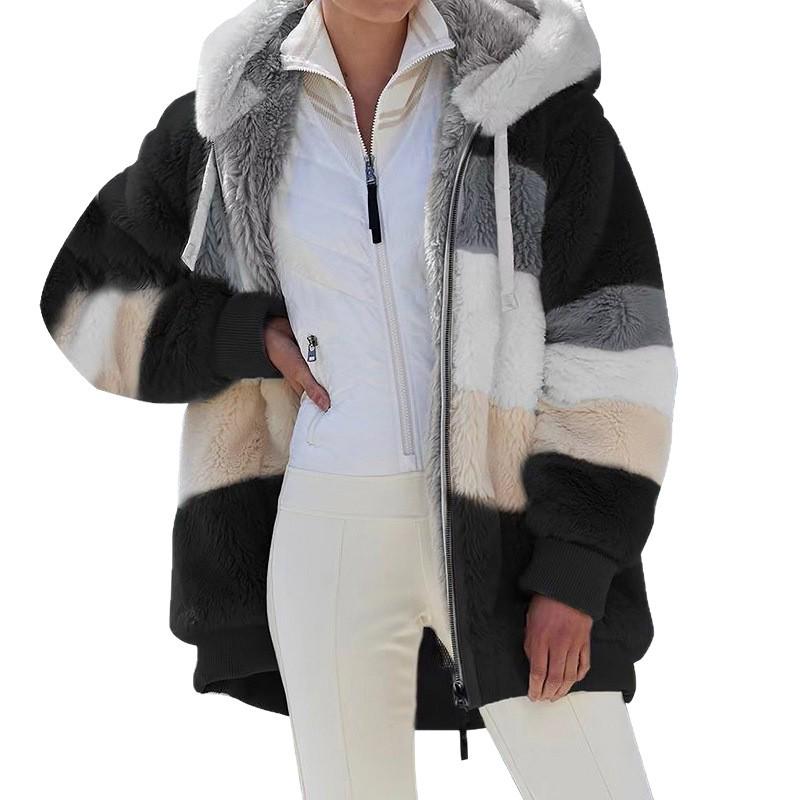 Women's Loose Fit Multi-Color Plush Hooded Jacket - Autumn/Winter 2021