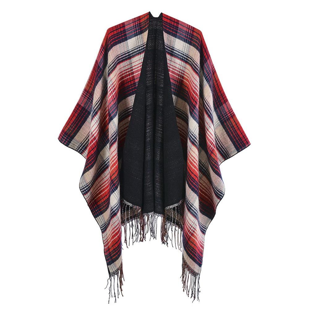 Scottish Classic Plaid Tassel Thick Warm Split Shawl Cape
