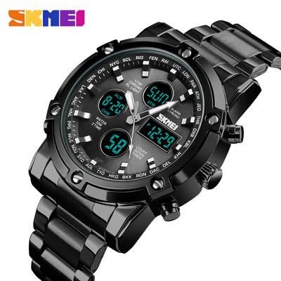 Montre Skmei 1389 Résistante à l'eau 3atm Acier Inoxydable Montre-bracelet de Mode pour Homme 3 Fuseaux Horaires Analogique Numérique Quartz pour Homme