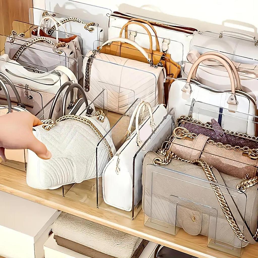 Clear Plastic Purse Handbag Organizer 4 Sections Bag Closet Shelf Divider Purse Display Stand Handbag Storage Organizer Holder