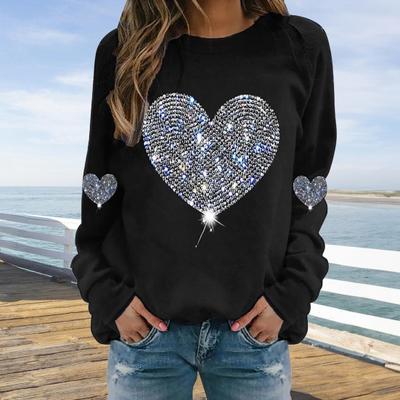 Kadın Üst Yuvarlak Yaka Uzun Kollu Tişört Parlak Payet Kalp Baskılı Sweatshirt