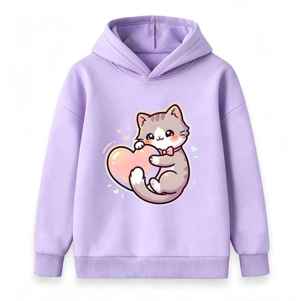 Cute Kawaii Cat Hug Heart Print Kids Hoodie, Casual Soft Pullover Hooded Sweatshirt for Boys Girls, Lovely Cartoon Animal Pattern Long Sleeve Top for