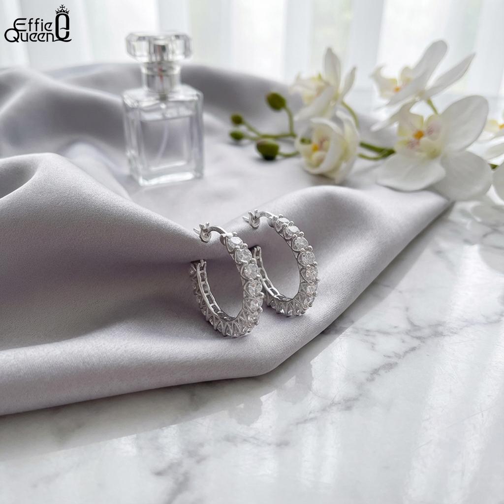 Effie Queen 925 Sterling Silber 14 Karat Gold Runde Zirkonia Creolen Einfacher Schmuck für Damen Hochzeitsfeier Bankett Geschenk SE393