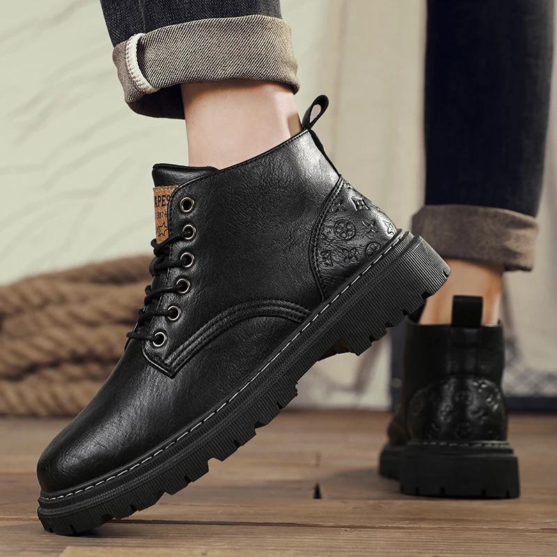 Winter Men Boots British Style Mens Ankle Boots High Top Business Leather Boots Outdoor Casual Shoes Thick Soled Work Boots