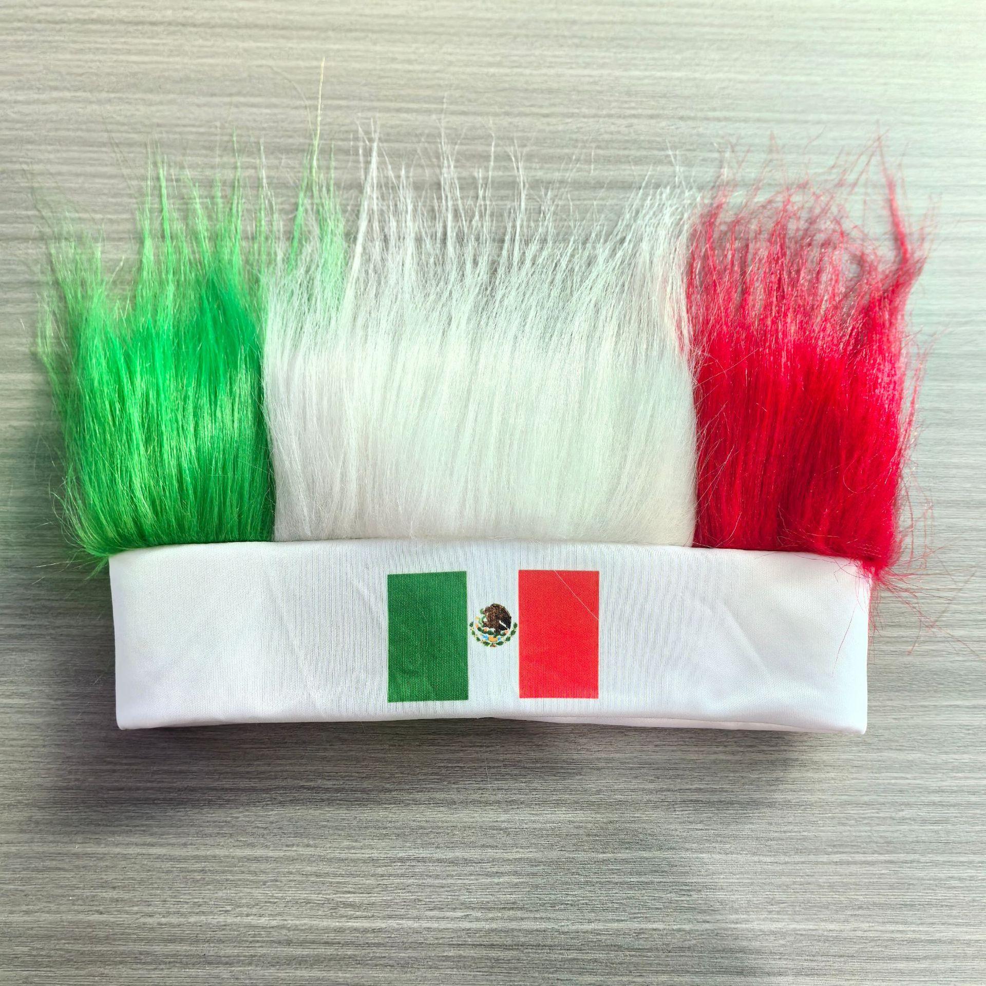 

Mexico Flag Fluffy Wig Headband Green White Red Furry Headwear for Football Match Carnival Party Costume Accessory Sports Event