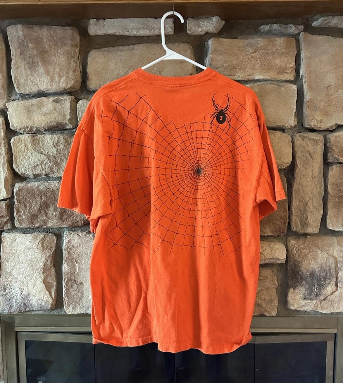 

VTG 00s Y2K Spider Web Black Widow Orange Combination Plumbing T Shirt Size XL 2XL