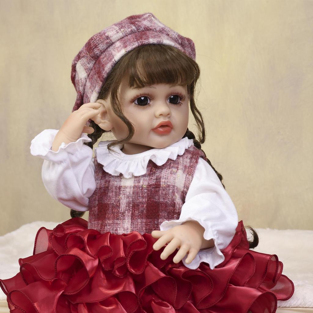 KEIUMI Full Silicone Vinyl 22 Inch Red Dress Lively Reborn Baby Doll Realistic Skin Babies Doll Children Gift